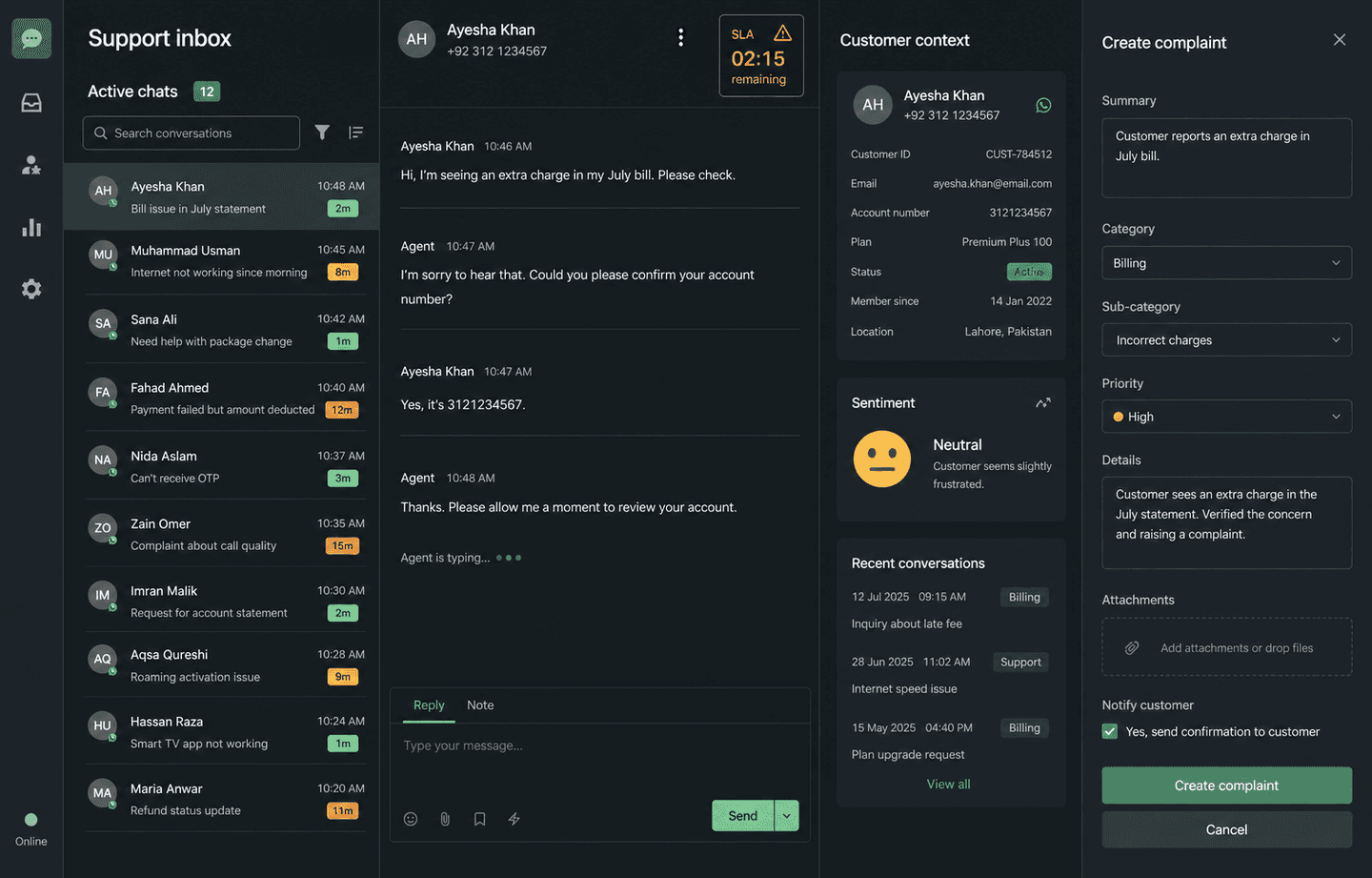 WhatsApp Support & Complaint Console representative product interface